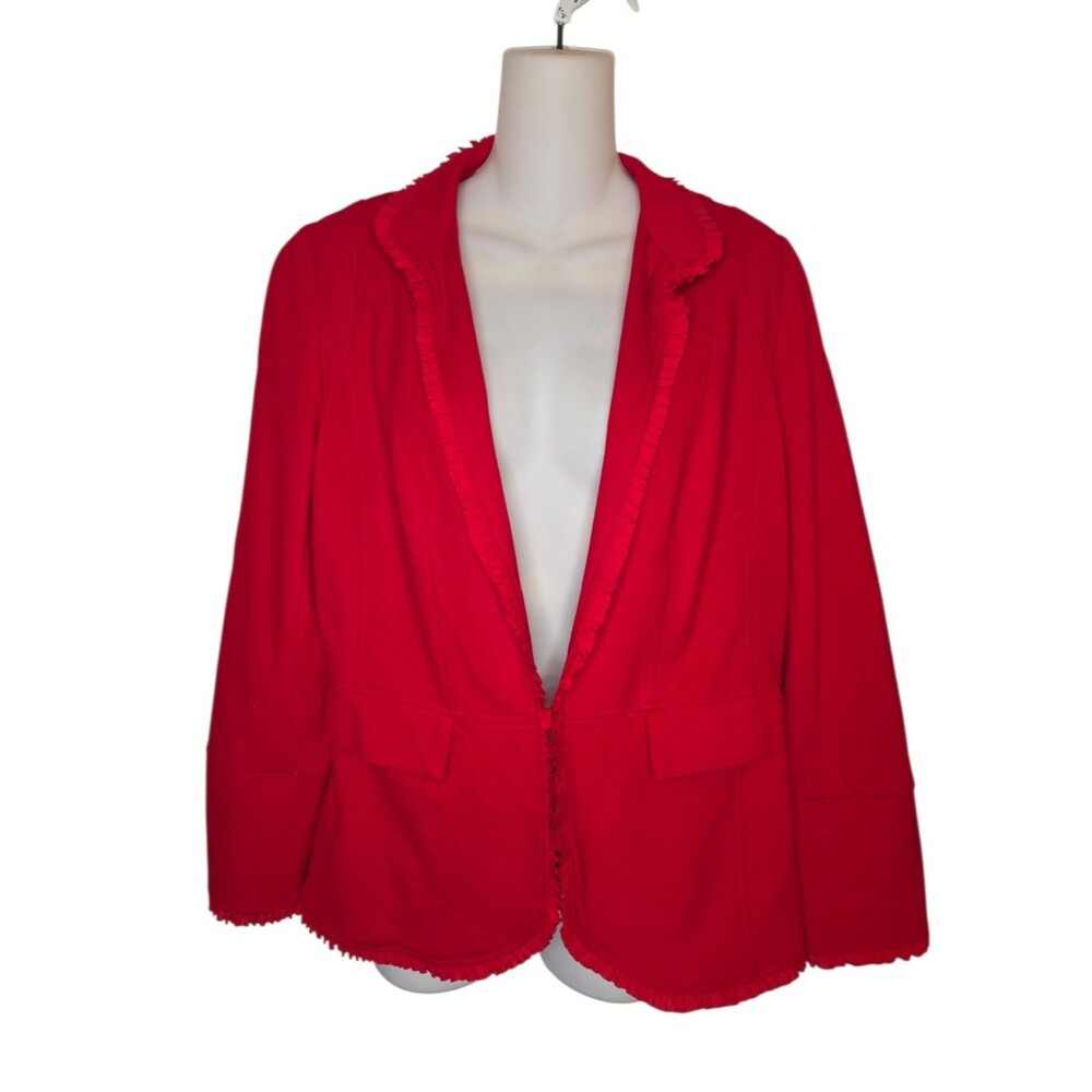 Chico's Nwot Carmine Red Ruffle Trim Ponte Knit Blazer Jacket Size 1 Medium - Picture 1 of 10